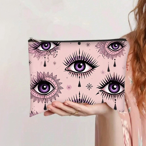 Canvas Makeup Bag Zipper Cosmetic Pouch Travel Organizer Evil Eye Cartoon Animal Print For Women Students Portable Storage Bag