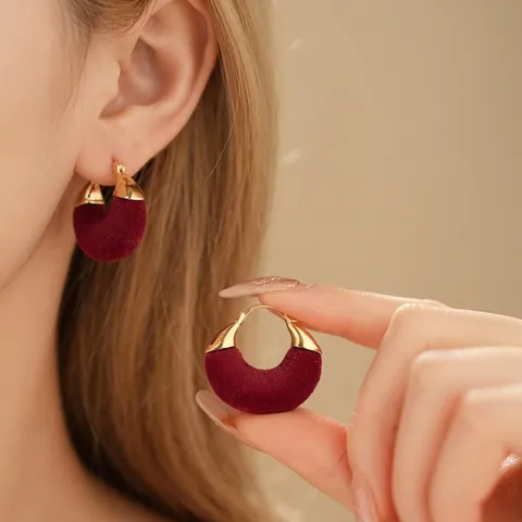 Orecchini Vintage A Forma Di U In Velluto Rosso Cerchi In Rame Placcati Oro Elegante Chic Gioielli Per Donna
