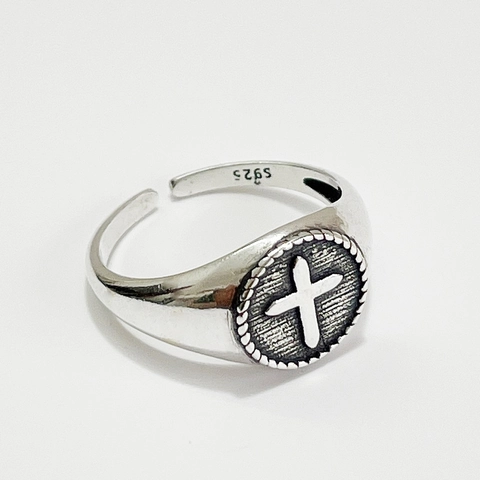 925 Sterling Silber Kreuz Ring Für Damen Retro Rundes Schild Verstellbar Offen Vintage Geometrisch