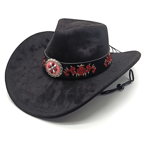 Chapeau De Cow Boy Western Daim Synthétique Bord Large Bande Brodée Ethnique Concho Métal Floral Style Rétro Cordon