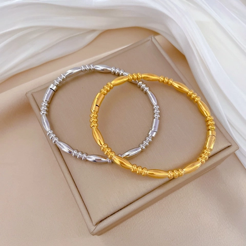 Minimalist Stainless Steel Bangle Vintage Bamboo Texture Beaded Design Fashion Jewelry For Women