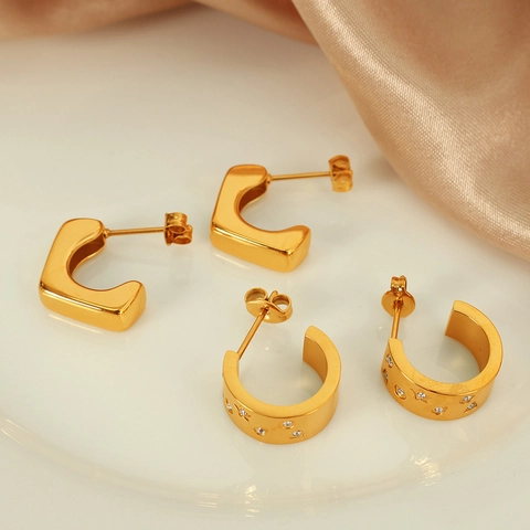 Vintage Minimalistische Roestvrijstalen 18K Vergulde C-vormige Geometrische Oorknopjes Voor Dames Ster Strass Sieraden