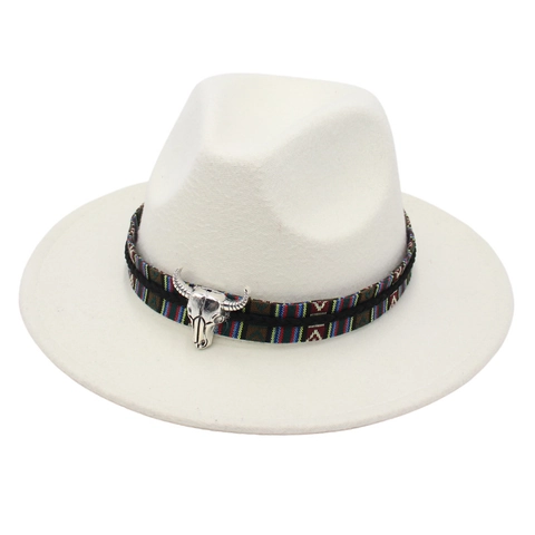Chapeau Fedora À Bord Large En Feutre Avec Crâne De Taureau En Métal Bande Tissée Ethnique Style Cowboy Western Rétro