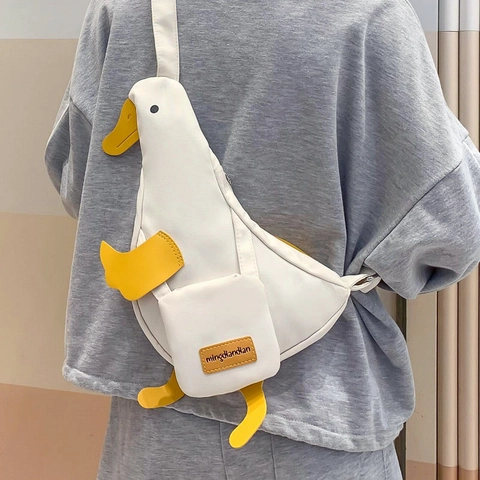 Kawaii Duck Shape Canvas Waist Bag For Women Kids Cartoon Crossbody Chest Bag With Adjustable Strap Harajuku Ins Style