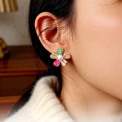 Pendientes De Botón De Flor De Cristal De Colores Con Poste De Plata Perla Artificial De Imitación Estilo Francés Vintage Para Mujer