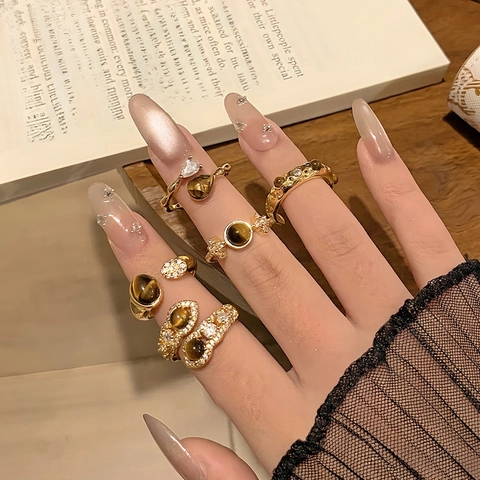 Vintage Tijgeroog Steen Zirkoon Vergulde Legering Open Verstelbare Ring Franse Retro Luxe Vinger Sieraden Voor Vrouwen