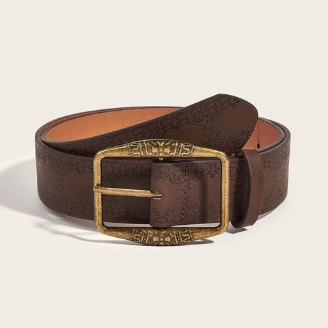 Women Retro Y2K Embossed Faux Leather Belt Antique Bronze Alloy Buckle Western Bull Head Floral Vintage Ethnic Style