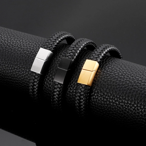 Men Braided Leather Bracelet Stainless Steel Magnetic Clasp Matte Finish Cowhide Rope Wristband Minimalist Jewelry