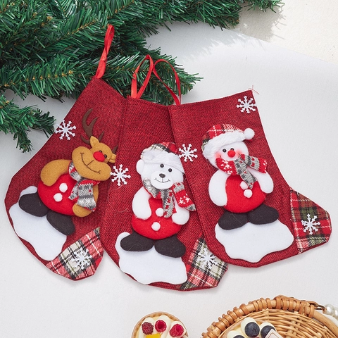Calcetines De Navidad Lino Cuadros Patchwork Apliques 3D Papá Noel Muñeco De Nieve Reno Oso Bordado Decoración De Árbol