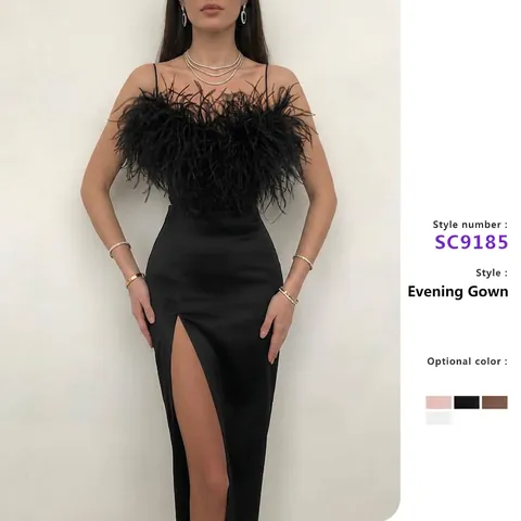 Damen Elegant Feder Besatz Bodycon Midi Kleid Sexy Spaghettiträger Hoher Schlitz Bankett Party Abendkleid Slim Fit Kleid