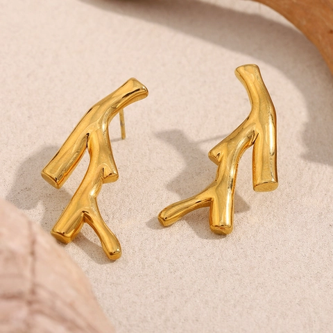 Kreative Zweig Ohrstecker 18K Vergoldeter Edelstahl Unregelmäßiges Korallen Zweig Design Moderner Schmuck Für Damen