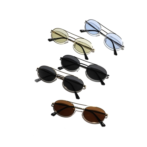 Retro Oval Sunglasses Metal Double Bridge Frame UV Protection Tinted Lens Street Style Trendy Eyewear For Men Women