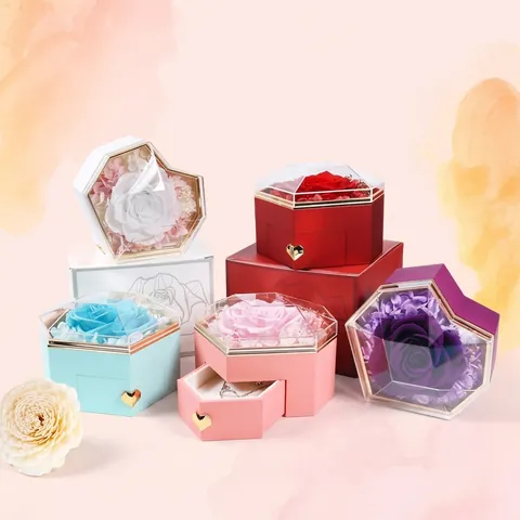 Astuccio Gioielli Rosa Eterna Cassetto Cuore Esagono Acrilico Coperchio Trasparente Conservazione Per Collana Anello San Valentino Con Borsa