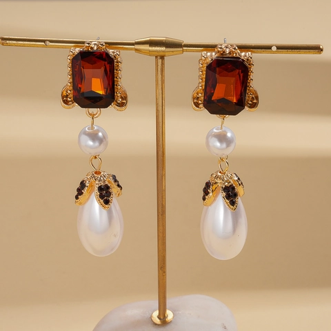 Pendientes Largos Vintage Con Gema De Ámbar Rectangular Perla Artificial Sintética Y Poste De Plata