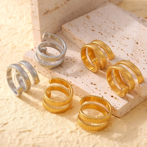 Minimalist Titanium Steel Geometric Winding Threaded Open Ring For Women 18K Gold Plated Industrial Style Adjustable Finger Ring Jewelry