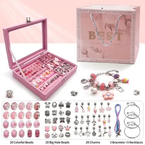 DIY Sieraden Maken Kit Voor Meisjes Roze Fluwelen Sieradendoos Kralen Hangers Armband Ketting Handgemaakte Knutselset Kinderen Cadeau