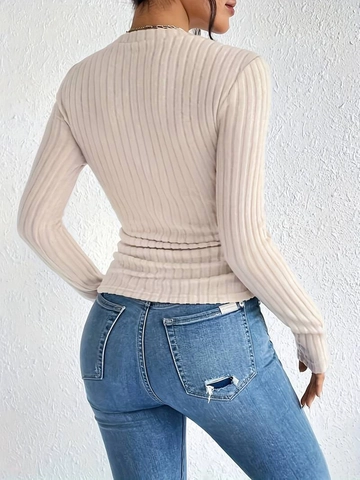 Women Long Sleeve T-Shirt Ribbed Knit Top Slim Fit Round Neck Solid Color Basic Casual Commuting Polyester Spandex