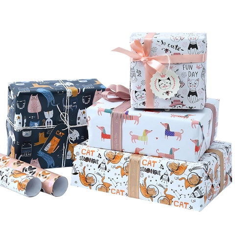 Cartoon Pet Gift Wrapping Paper Cute Cat Dog Astronaut Printed Paper For Birthday Valentine Holiday Party Favors Decor