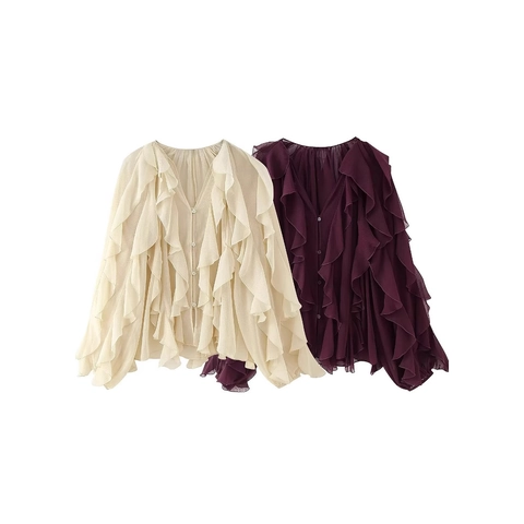 French Style Ruffle Blouse Chiffon V Neck Long Sleeve Layered Button Down Solid Color Fashion Top For Women Elegant