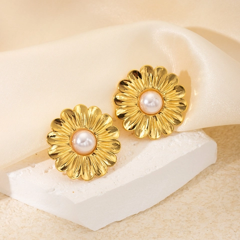 Boucles D'oreilles En Acier Inoxydable Style Français Vintage Pour Femmes Avec Künstliche Perles D'imitation Fleur Et Coquillage