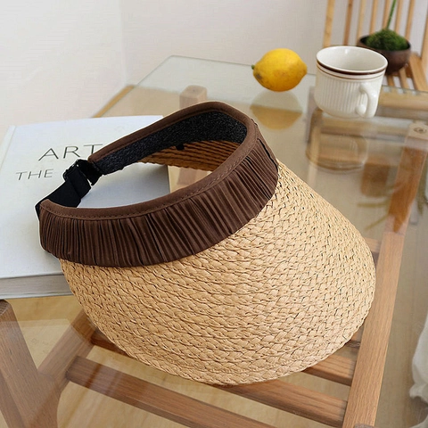 Cappello Visiera Paglia Donna Estate Tesa Larga Pieghettato Vuoto Top Regolabile Spiaggia Cappello Protezione Solare