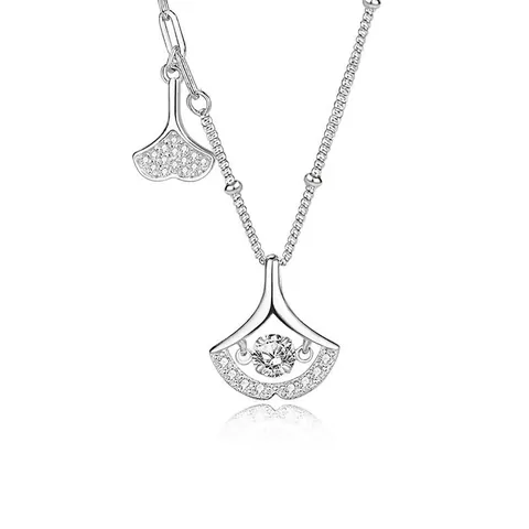 Dancing Stone Ginkgo Blatt Anhänger Halskette 925 Sterling Silber Mikropflaster Moissanit Zirkon Fächerform Eleganter Modeschmuck