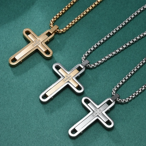 Kruis Hanger Ketting Heren Roestvrij Staal Gelaagd Ontwerp Strass Inleg Box Ketting Sieraden Verguld Zilver