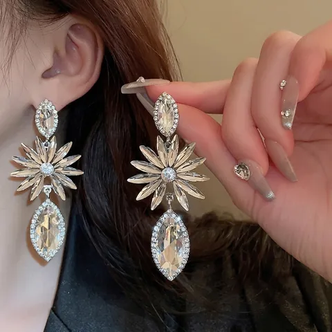 Pendientes Largos De Flores Con Cristal De Estrás Y Poste De Plata Colgantes Florales Para Mujeres Fiesta Boda