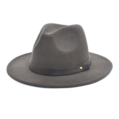 Vintage Woolen Fedora Hat Wide Flat Brim Jazz Cap With Belt Accessory Gold Rivet Retro British Style Unisex