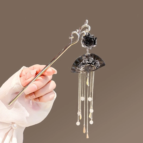 Bastoncino Per Capelli Cinese Vintage Lega Rosa Nera Pendente Ventaglio Nappa Lunga Forcina Elegante Stile Antico