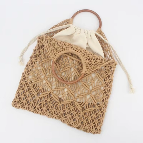 Women Woven Handbag Cotton Rope Macrame Hollow Out With Round Wood Handle And Canvas Pouch Summer Beach Holiday Bohemian