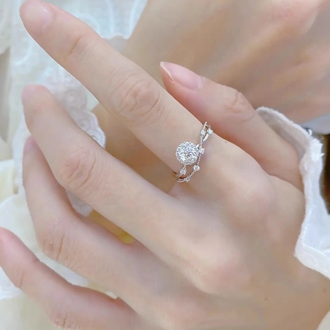 Anillo Estrellado Halo Zircon Redondo Para Mujer Cobre Banda Torsada Anillo Abierto Ajustable Joyería De Lujo Elegante