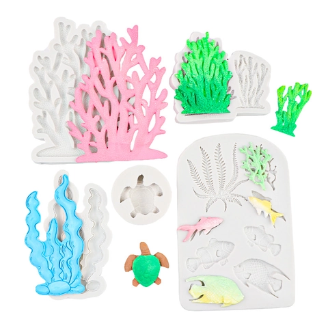 Ozean Thema Silikonform Koralle Meeresschildkröte Fisch Seegras Fondant Schokolade Tortendekoration DIY Harz Handwerk Backwerkzeug