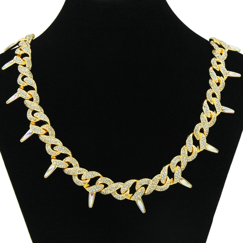Alloy Rhinestone Spiked Cuban Kette Halskette Iced Out Hiphop Herren Persönlichkeit Bunte Twist Buckle Schmuck