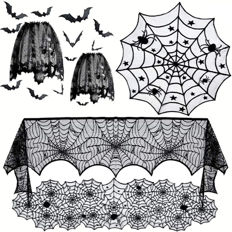 Halloween Lace Decoration Black Spider Web Bat Skeleton Ghost Pattern Table Runner Fireplace Scarf Door Curtain Polyester