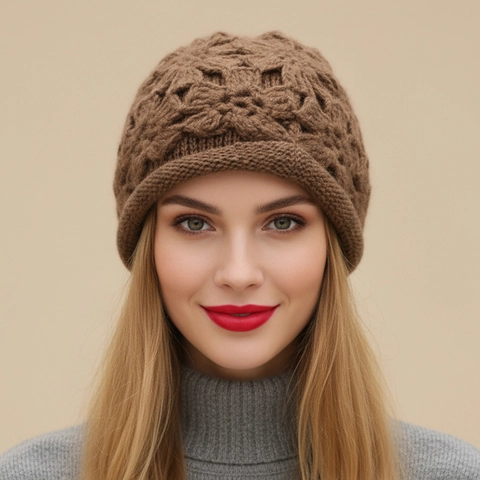 Crochet Flower Knitted Beanie Hat Acrylic Warm Soft Autumn Winter Pull-Over Skull Cap Casual Style For Women