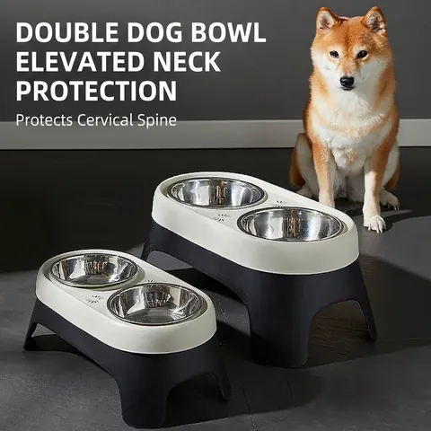 Elevated Double Bowls Pet Feeder Stainless Steel Tilted Stand For Dogs Cats Neck Protection Removable