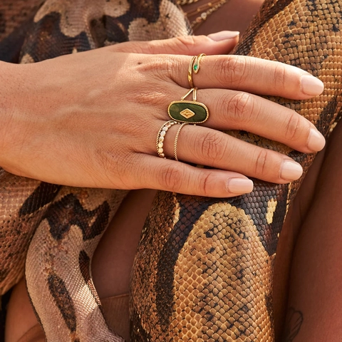 Vintage 18 Karat Vergoldeter Edelstahl Offener Ring Für Damen Naturstein Afrikanische Jade Perlmutt Geometrischer Ring