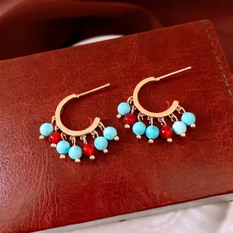 Retro C Vorm Hoop Oorbellen 14K Verguld Koper Met Agaat Kralen Zilveren Oorsteker Etnische Vintage Stijl Dames