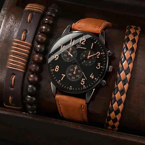 Juego de Reloj Geneva para Hombre de Negocios Caja de Aleación Correa de Cuero de PU Reloj de Cuarzo Redondo Pulseras Vintage de Madera Tejida Accesorio de Moda