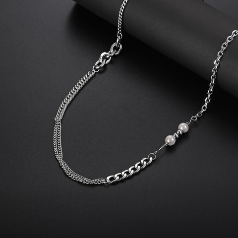 Double Layer Titanium Steel Necklace With Artificial Pearl Patchwork Asymmetric Chain Hip Hop Minimalist Style Jewelry For Men Women