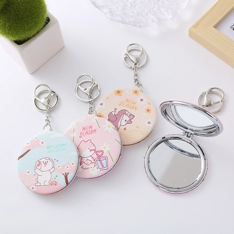 Mini Espejo De Maquillaje Plegable Llavero Cuero PU Redondo Metal Espejo De Bolsillo Compacto Patrones De Animales Lindos
