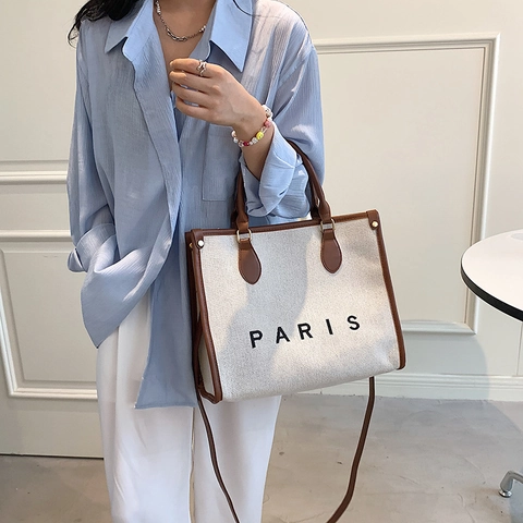 Canvas Tote Bag Für Damen PU Lederbesatz Paris Buchstabendruck Handtasche Crossbody Große Kapazität Minimalistischer Stil