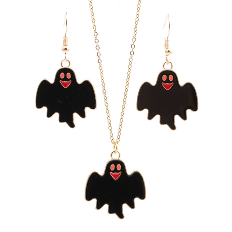 Halloween Cartoon Ghost Necklace And Earrings Jewelry Alloy Enamel Gold Tone Black Spooky Festive Accessory