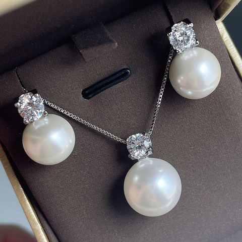 Elegante Sieraden Koper Imitatieparel Zirkoon Ketting Oorbellen Voor Bruid Bruidsmeisje Bruiloft Feest Minimalistische Vrouwen