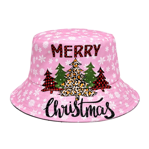 Kerst Vissershoed Polyester Sneeuwvlok Kerstboom Print Zonbescherming Vakantie Emmer Hoed Voor Dames