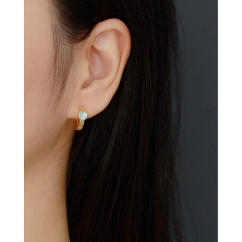 925 Sterling Silver Huggie Hoop Earrings With Synthetic Turquoise Moonstone Black Agate Round Vintage For Women