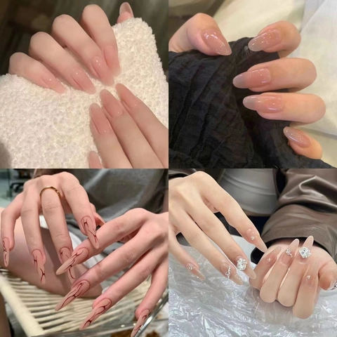 Artificial False Nails Long Almond Stiletto Coffin Shape With 3D Rhinestones Artificial Pearls Honey Peach Gradient Design For Women