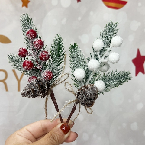 Artificial Christmas Picks With Snowy Pine Needles Natural Pine Cones Red White Berries For DIY Wreaths Tree Decoration