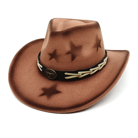 Western Cowboy Hat Vintage Star Print Cotton Polyester Wide Brim Felt Jazz Fedora With Bull Head Metal Decor